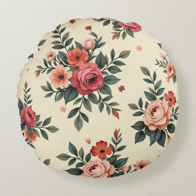 Almofada Redonda Padrões florais vítreos com elegância clássica (Frente)