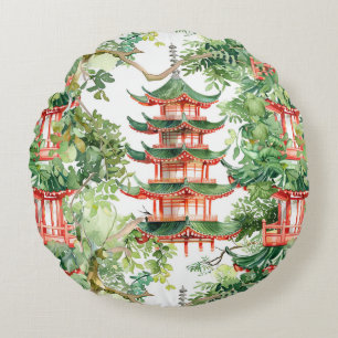 Almofada Redonda Pagoda Asiática de Aquarela na Paisagem Verdante (