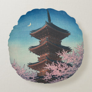 Almofada Redonda Pagode de uma noite de primavera em xilogravura ja