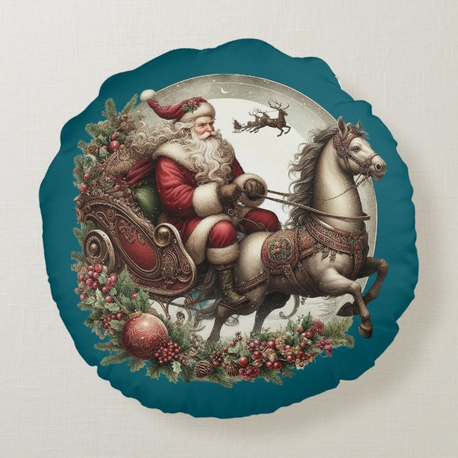 Almofada Redonda Pai Natal num trenó e num cavalo (Verso)