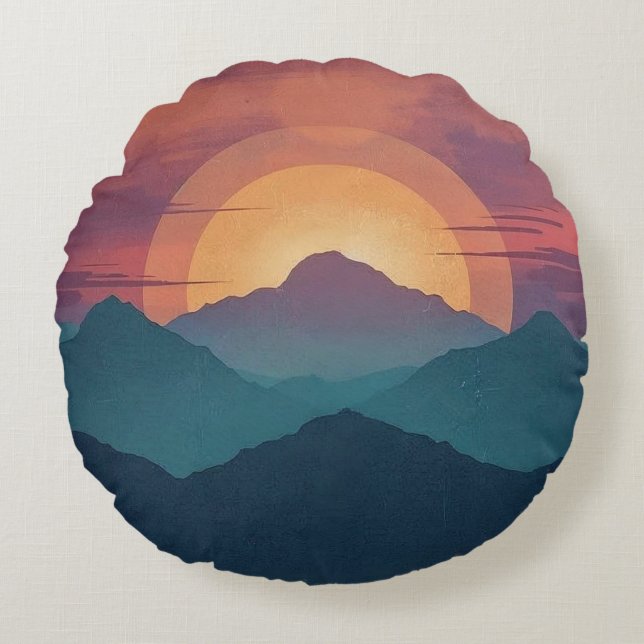 Almofada Redonda Painted Retro Mountain Sunset - Round Throw Pillow (Frente)