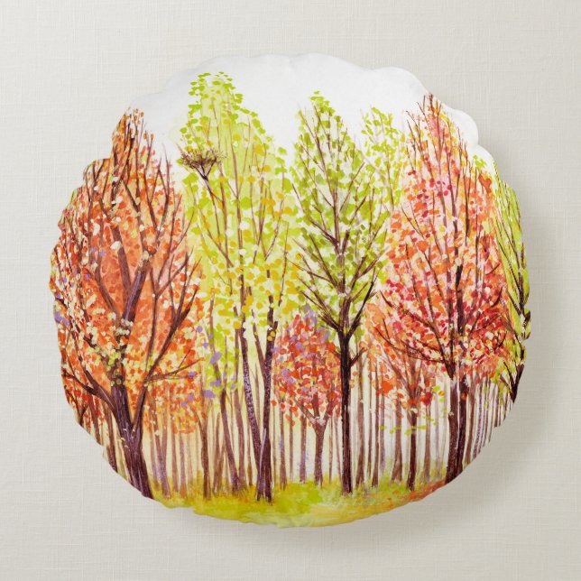 Almofada Redonda Paisagem aquática com árvores de outono (Frente)