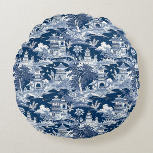Almofada Redonda Paisagem Chinoiserie Paisagem Azul Branco
