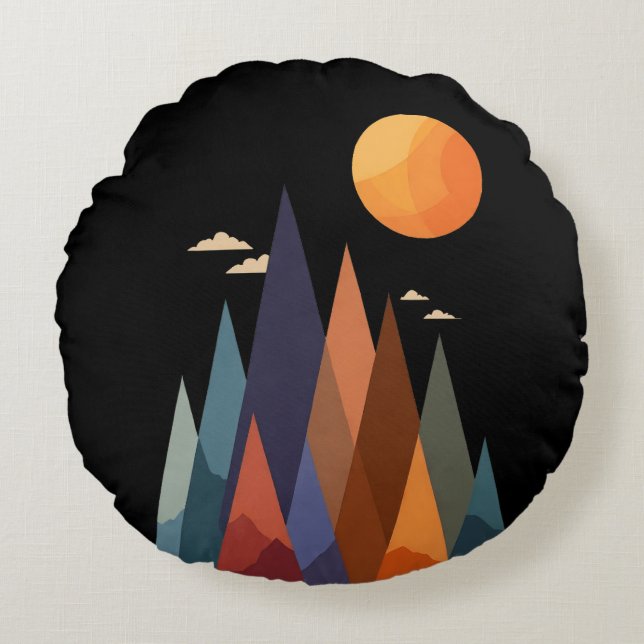 Almofada Redonda Paisagem com Montanhas e Sol (Frente)