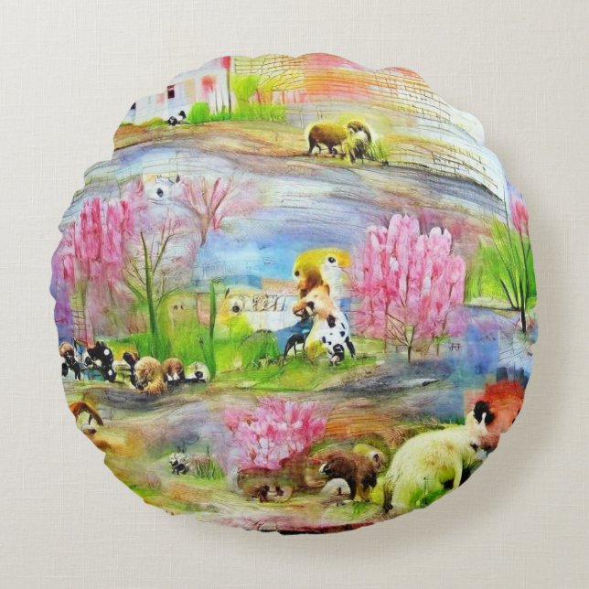 Almofada Redonda Paisagem de Aquarela (Frente)