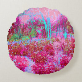 Almofada Redonda Paisagem de Jardim Impressionista Vermelho e Rosa