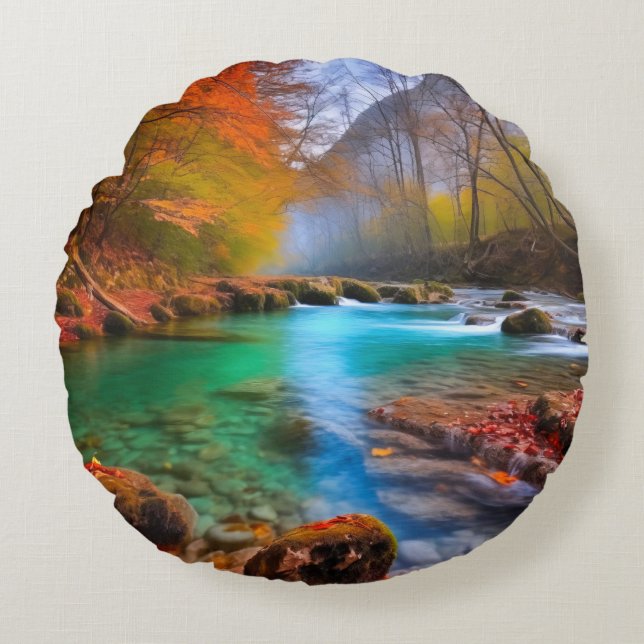 Almofada Redonda Paisagem do Rio de Outono Tranquilo (Frente)