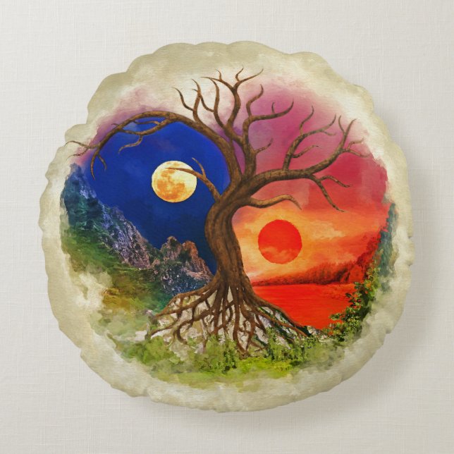 Almofada Redonda Paisagem Yin Yang Tree (Frente)