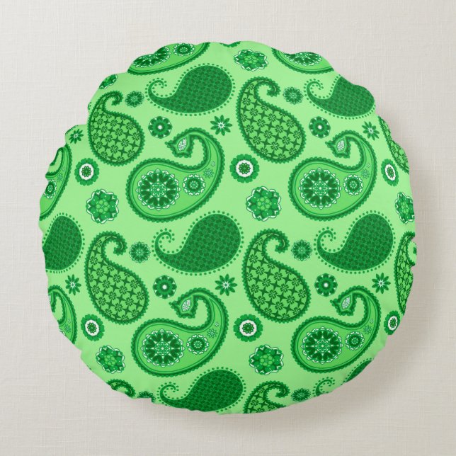 Almofada Redonda Paisley Pattern, Jade e Emerald Green (Frente)