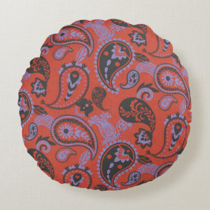 Almofada Redonda Paisley Tradicional Linocut Vivid Orange Purple