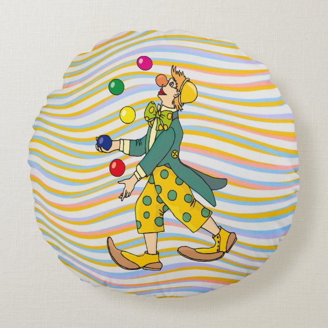 Almofada Redonda Palhaço Engraçado Brincando Com Bolas Coloridas (Frente)