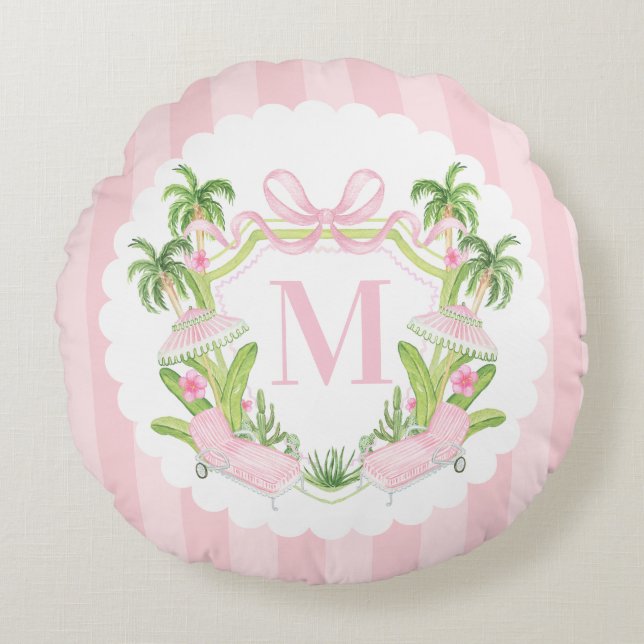 Almofada Redonda Palm Beach Pink Loungers Monogram Crest (Frente)