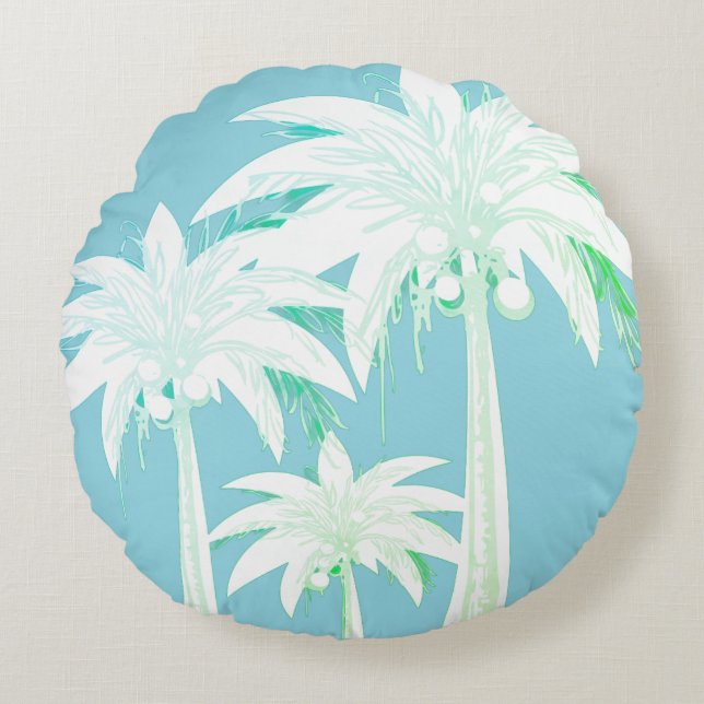 Almofada Redonda Palm Tree Aqua Blue Summer Green Tropical (Frente)