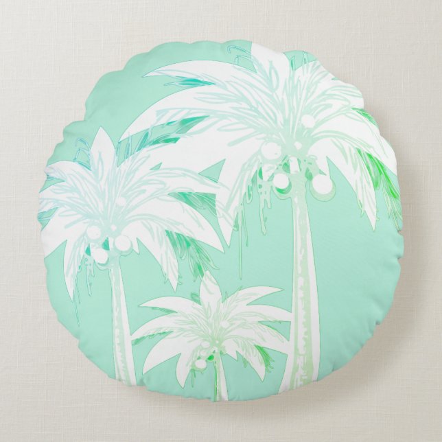 Almofada Redonda Palm Tree Seafoam Green White Beach House (Frente)