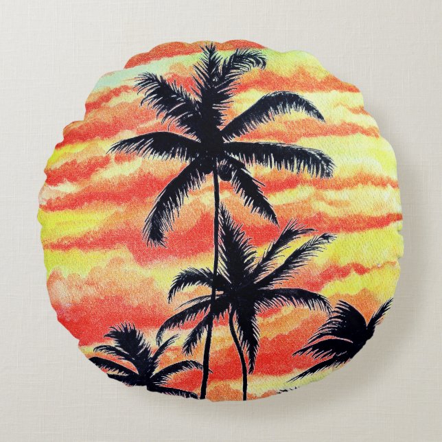 Almofada Redonda Palmas de Coco Sunset Havaiano (Frente)