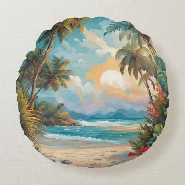 Almofada Redonda Palmas de praia tropical Sun Flores Hawaii (Frente)