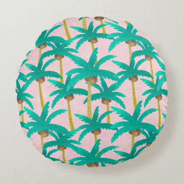 Almofada Redonda Palmas Tropicais: Padrão de Verão de Aquarela (Frente)