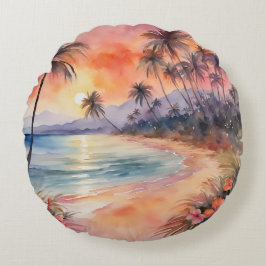 Almofada Redonda Palmeiras Tropicais de Praia Tropicais, Cor-de-Ros