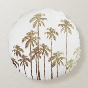 Almofada Redonda Palmeiras tropicais Dourados glamoroso no branco
