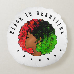 Almofada Redonda Pan-africana menina mulher negra verde vermelho or