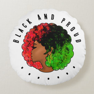 Almofada Redonda Pan-africana menina mulher negra verde vermelho or