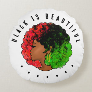 Almofada Redonda Pan-africana menina mulher negra verde vermelho or