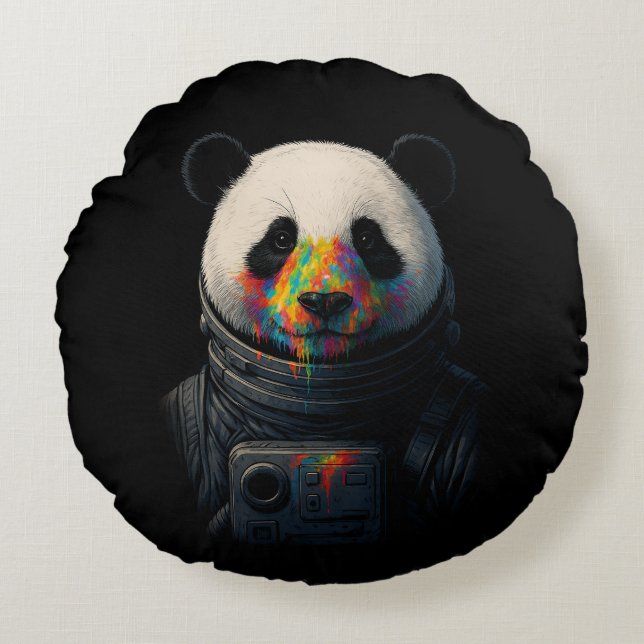 Almofada Redonda Panda Astronauta com Salpico de Tinta Neon  (Frente)