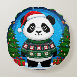 Almofada Redonda Panda Fofa de Suéter de Natal Usa Chapéu de Papai