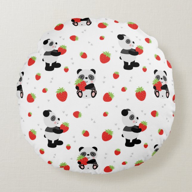 Almofada Redonda Panda fofo com morango (Frente)