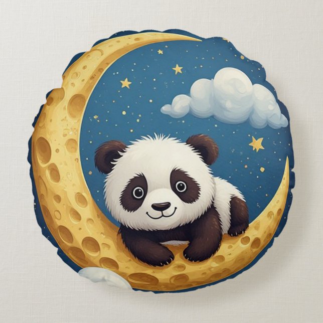Almofada Redonda Panda Fofo Sentado numa Lua Crescente Dourada (Frente)