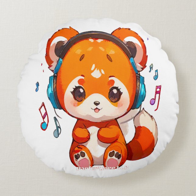 Almofada Redonda Panda ouvindo música Kpop (Frente)