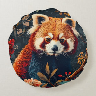 Almofada Redonda Panda Vermelho Floresta Vintage Padrão Jardim Flor