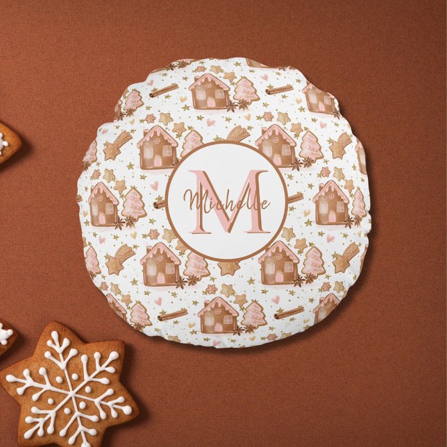 Almofada Redonda Pão-de-açúcar castanho de Natal Árvores Rosa (Criador carregado)