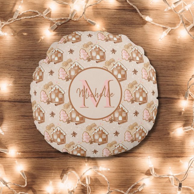 Almofada Redonda Pão-de-açúcar castanho de Natal Árvores Rosa (Criador carregado)