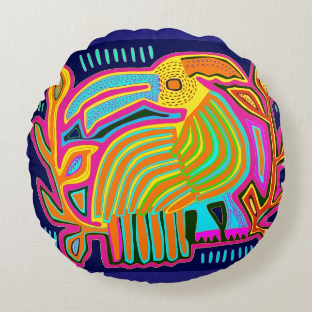 Almofada Redonda Papagaio de Arte Popular Tropical (Frente)