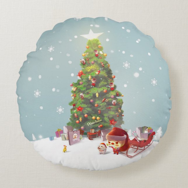 Almofada Redonda Papai Noel com Árvore de Natal (Frente)