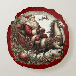 Almofada Redonda Papai Noel com trenó e cavalo