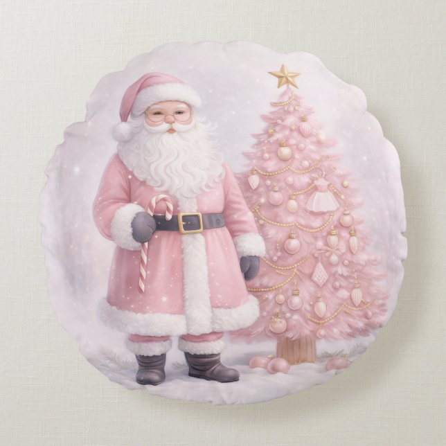 Almofada Redonda Papai Noel de Natal Rosa Pastel (Frente)