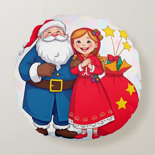 Almofada Redonda Papai Noel e Menina com um Saco de Presentes (Frente)