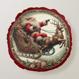 Almofada Redonda Papai Noel em trenó e rena