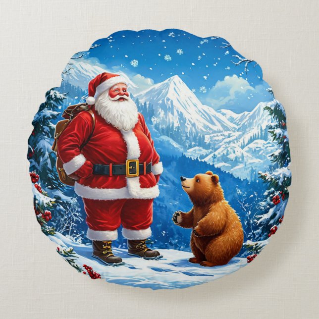 Almofada Redonda Papai Noel encontra Urso Amigável na Montanha Snow (Frente)