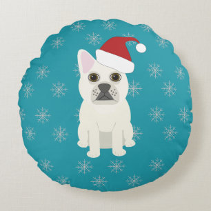 Almofada Redonda Papai Noel Frenchie, Flocos de Neve Azuis