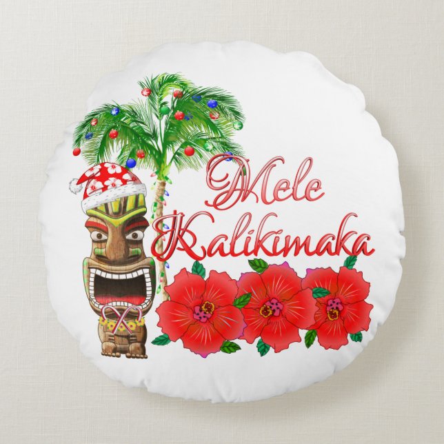 Almofada Redonda Papai Noel Tiki Mele Kalikimaka (Frente)