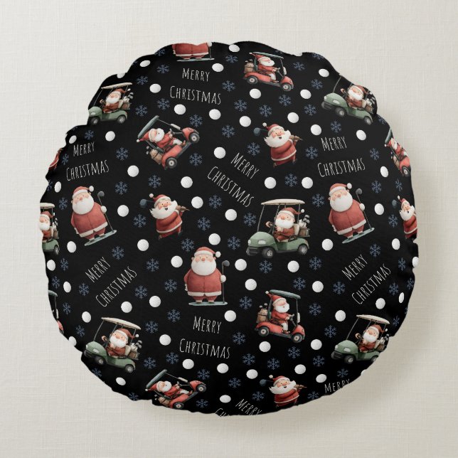 Almofada Redonda Papais noeis de golfe em preto (Frente)