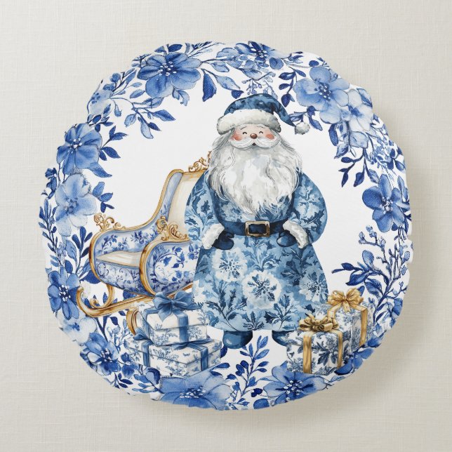 Almofada Redonda Papais noeis de Natal Floral Branco Chinoiserie (Frente)