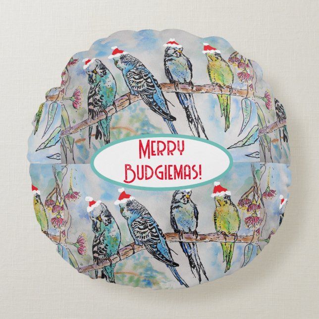 Almofada Redonda Papais noeis Orçamentando Pássaro de Pintura de Aq (Frente)