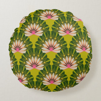 Almofada Redonda Papel de parede de lótus estilizado: rosa, verde.