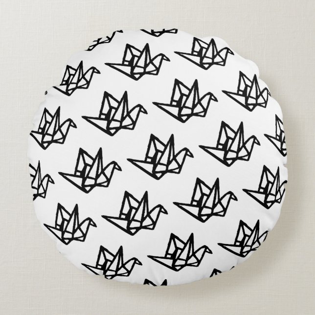 Almofada Redonda Papel original preto e branco Crane Linocut (Frente)