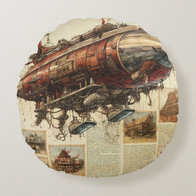 Almofada Redonda Papel Tecido Vintage Steampunk Zeppelin (11) (Frente)