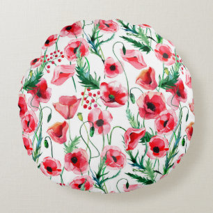 Almofada Redonda Papoilas vermelhas: ilustração floral de aquarela